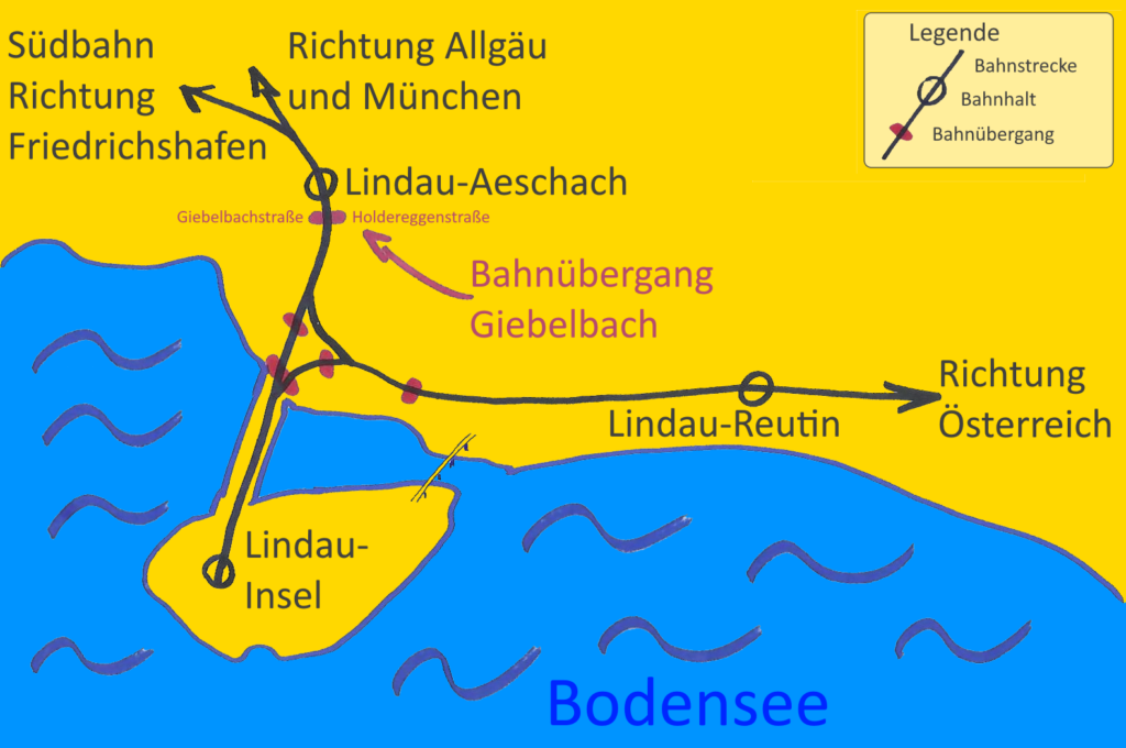 Skizze der Bahnstrecken, Bahnhalte und Bahnübergänge in Lindau